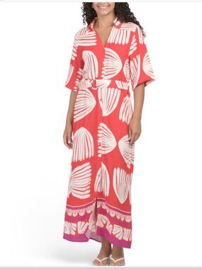 WHITE CLOSET White Red Floral Linen Blend Maxi Dress with Pockets